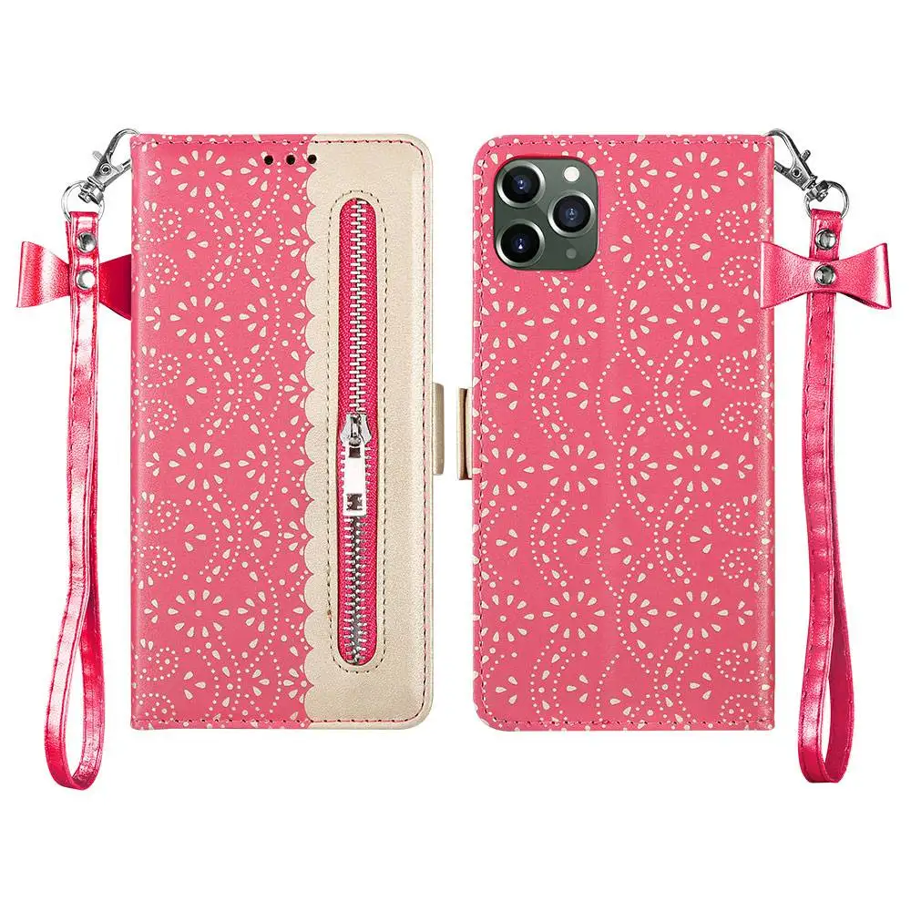 Розово-красный KISSCASE кружевной кожаный чехол для телефона для iPhone 11 Pro Max 8 7 Plus кошелек флип чехол s для iPhone XR X XS MAX 6 6S Plus держатель Чехлы - Цвет: Розово-красный