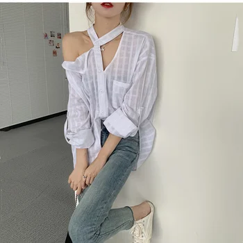 

Spring and summer Korean version of the simple irregular shirt ladies sweet casual loose long sleeve solid color elegant Shirt w