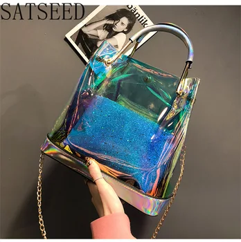 

2020 Summer PVC Female Bag New Laser Transparent Jelly Bag Female Chain Hand Shoulder Bag Bun Bag Shoulder Bag