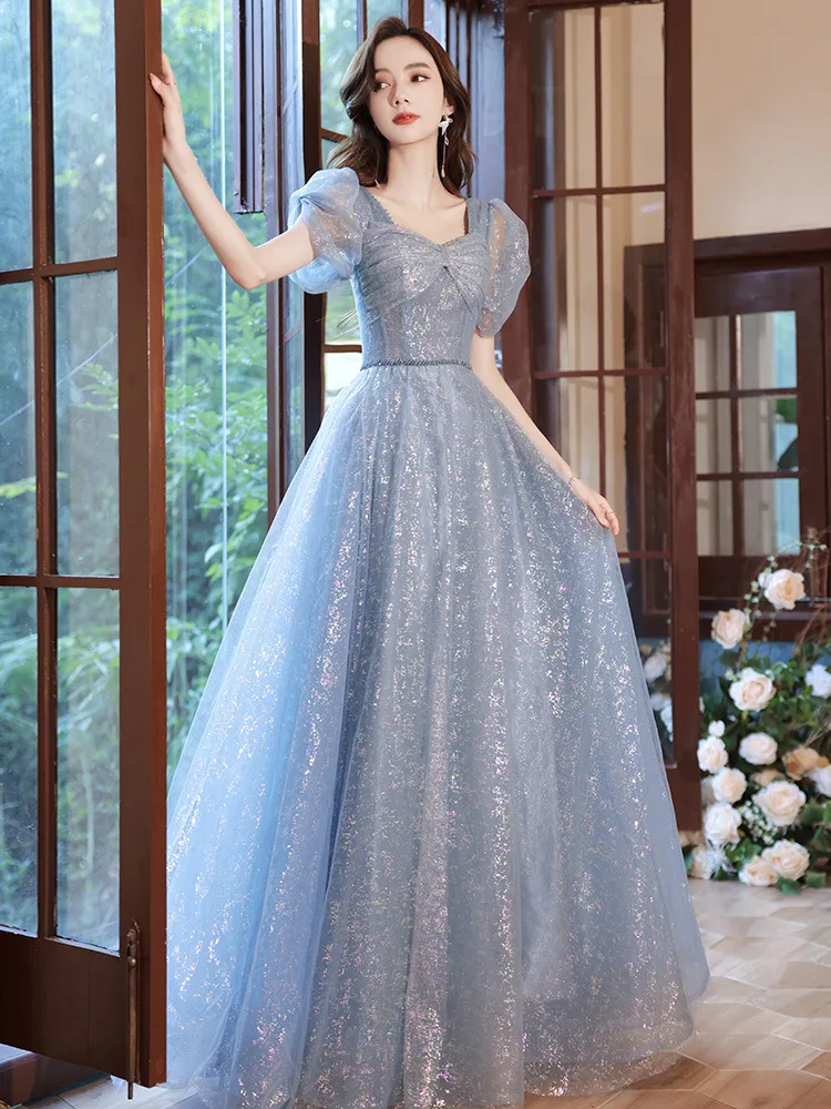 French Style Banquet Dress Elegant Puff Sleeve Bow Prom Dresses New Women's Floor Length Formal Ball Gown