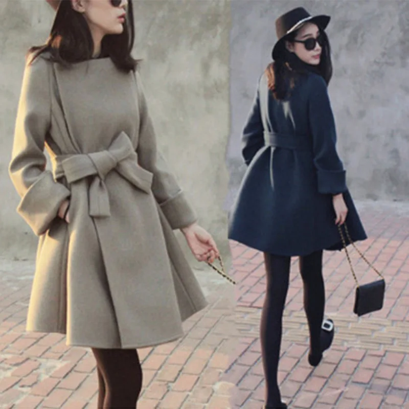 

2018 Autumn And Winter Woolen Overcoat Women's New Style Slim Fit Slimming Mid-length Waist Hugging Lace-up Coat Women's