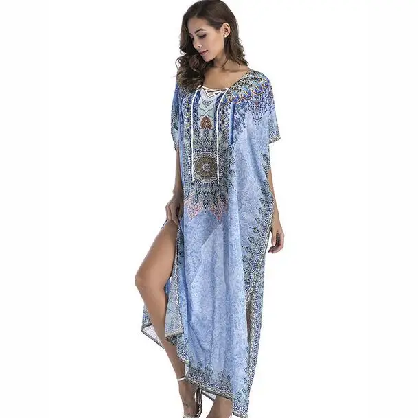 Womens Bohemian Floral Print Split Linen Maxi Dress Deep V Neck Long Sleeve Casual Party Dresses Kaftan Dress