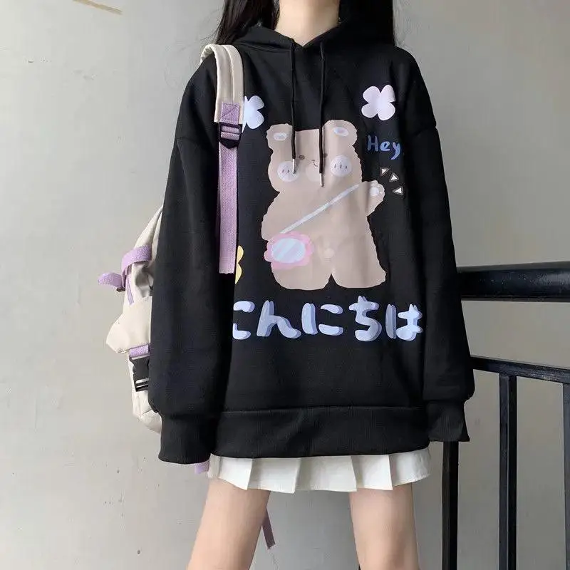 Autumn new style Japanese sweet and soft girl style loose wild cartoon bear print hooded plus velvet sweater female student