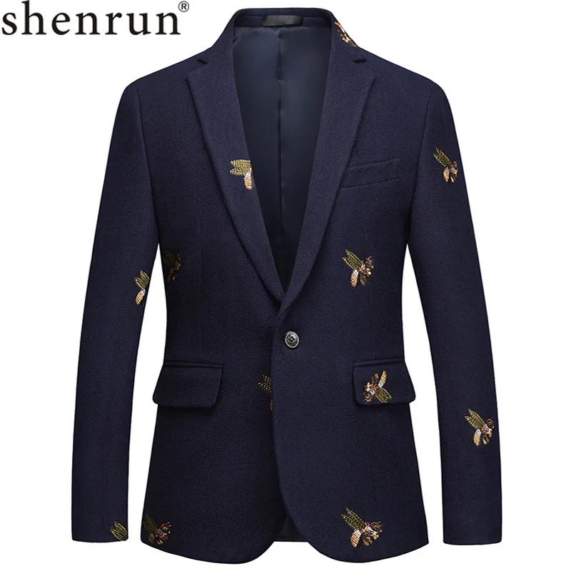 

Shenrun Men Jacket Blazers Navy Blue Worsted Bee Embroidery Wedding Groom Suit Jackets Casual Slim High Quality Plus Size Blazer