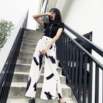 

2020 Women Spring Summer New Style Retro White Print Long Pants Casual Slim Loose High Waist Split Wide Leg Trousers Fashion Tid