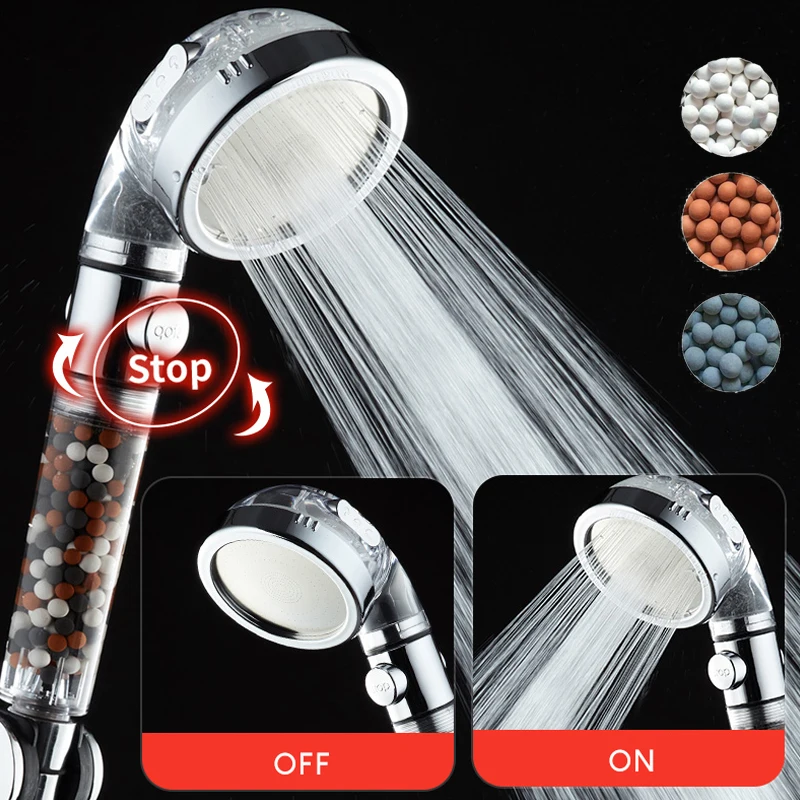

SPA Shower Head with Stop Button 3 Modes Adjustable Shower Head New Replacement Filter Balls