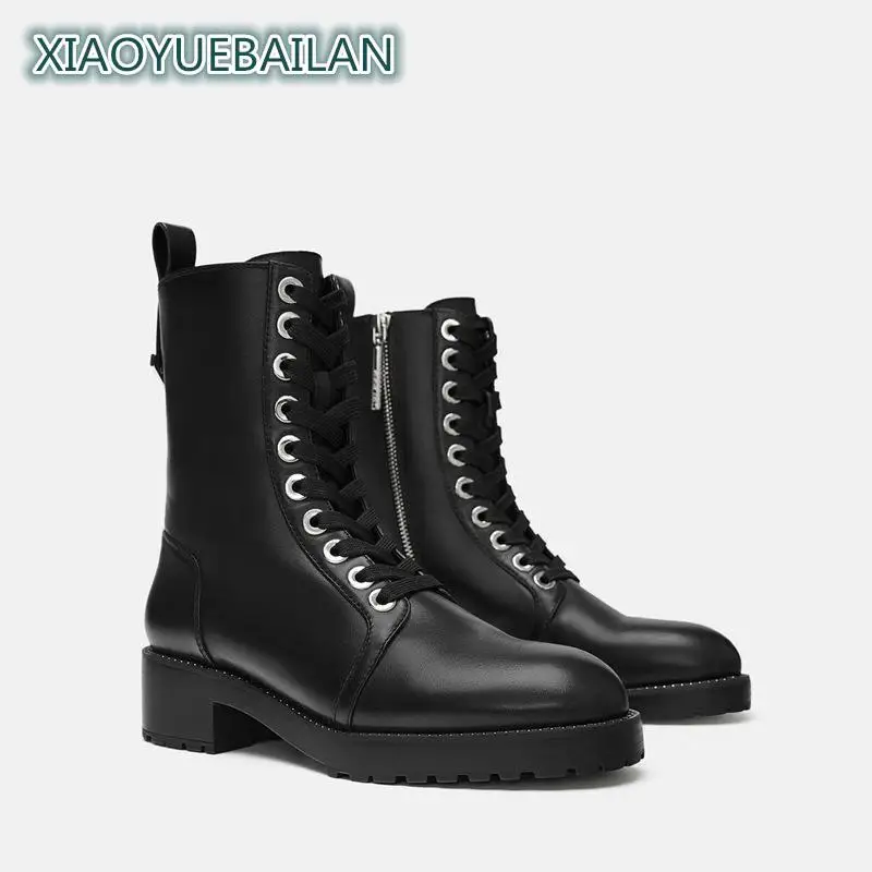 

New Winter Shoes Black Single Boots Small Rivet Decorated Locomotive Martin