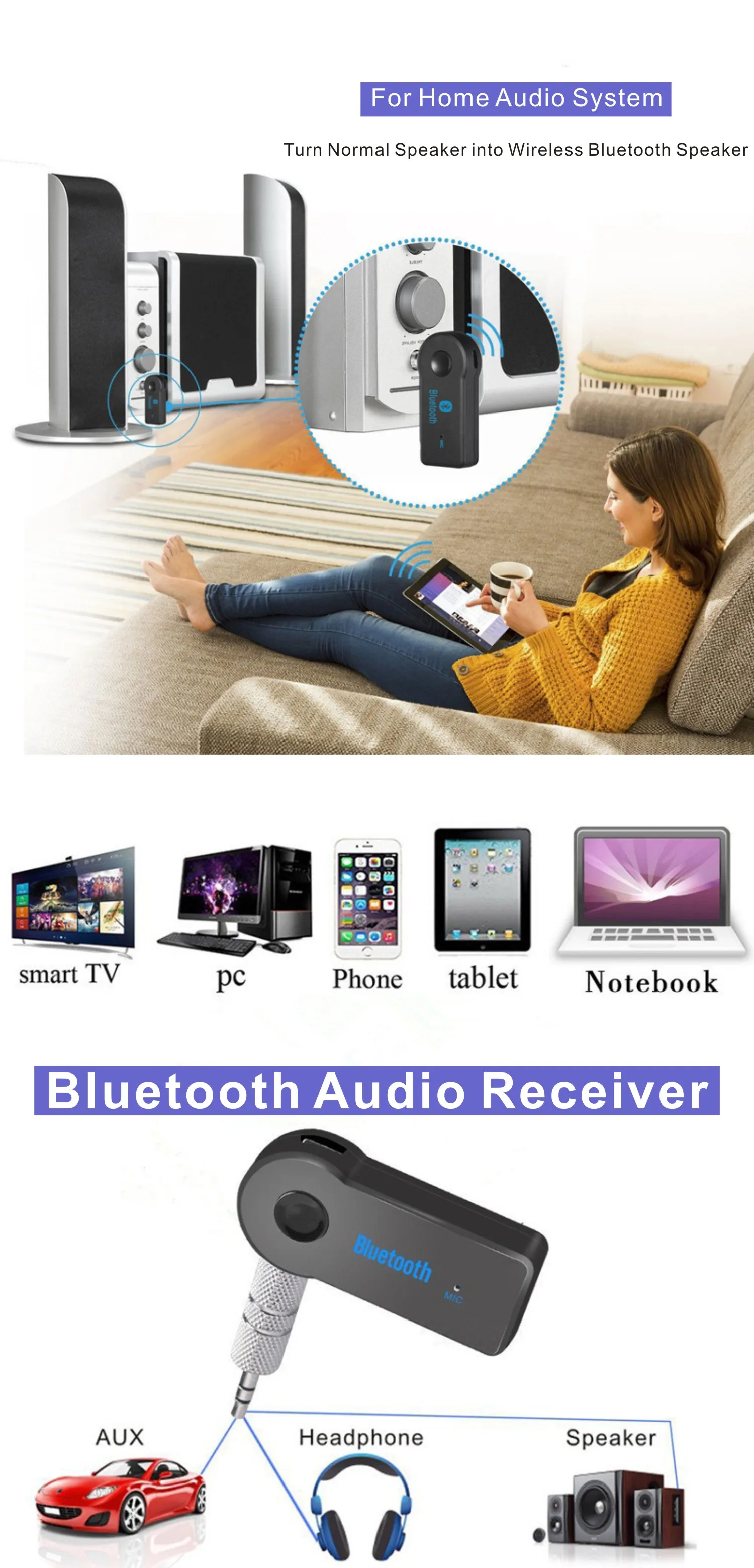 Беспроводной адаптер OcioDual Receptor de Audio inalabmbrico Bluetooth 5,0 Jack 3,5 мм Manos Libres Coche Negro BT Bateria JackAux