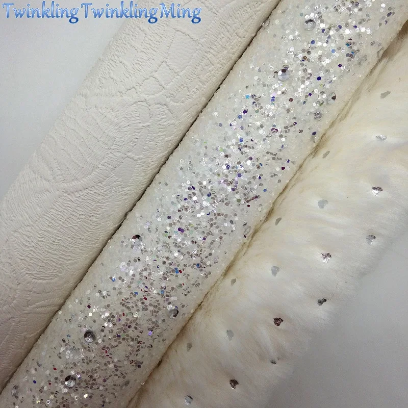 Белая блестящая ткань искусственная кожа с цветами иммитирующий мех золотыми