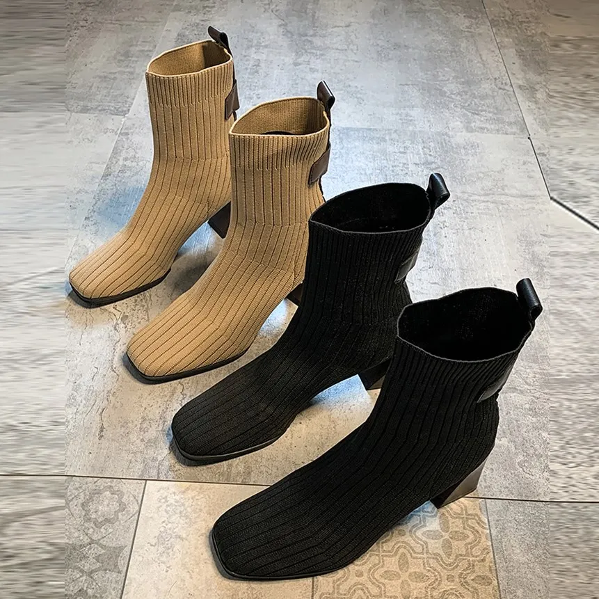 SLHJC-Botines de tela de punto para mujer, botas de tacón alto y tejido elástico, sin cordones, con punta cuadrada, para Otoño e Invierno