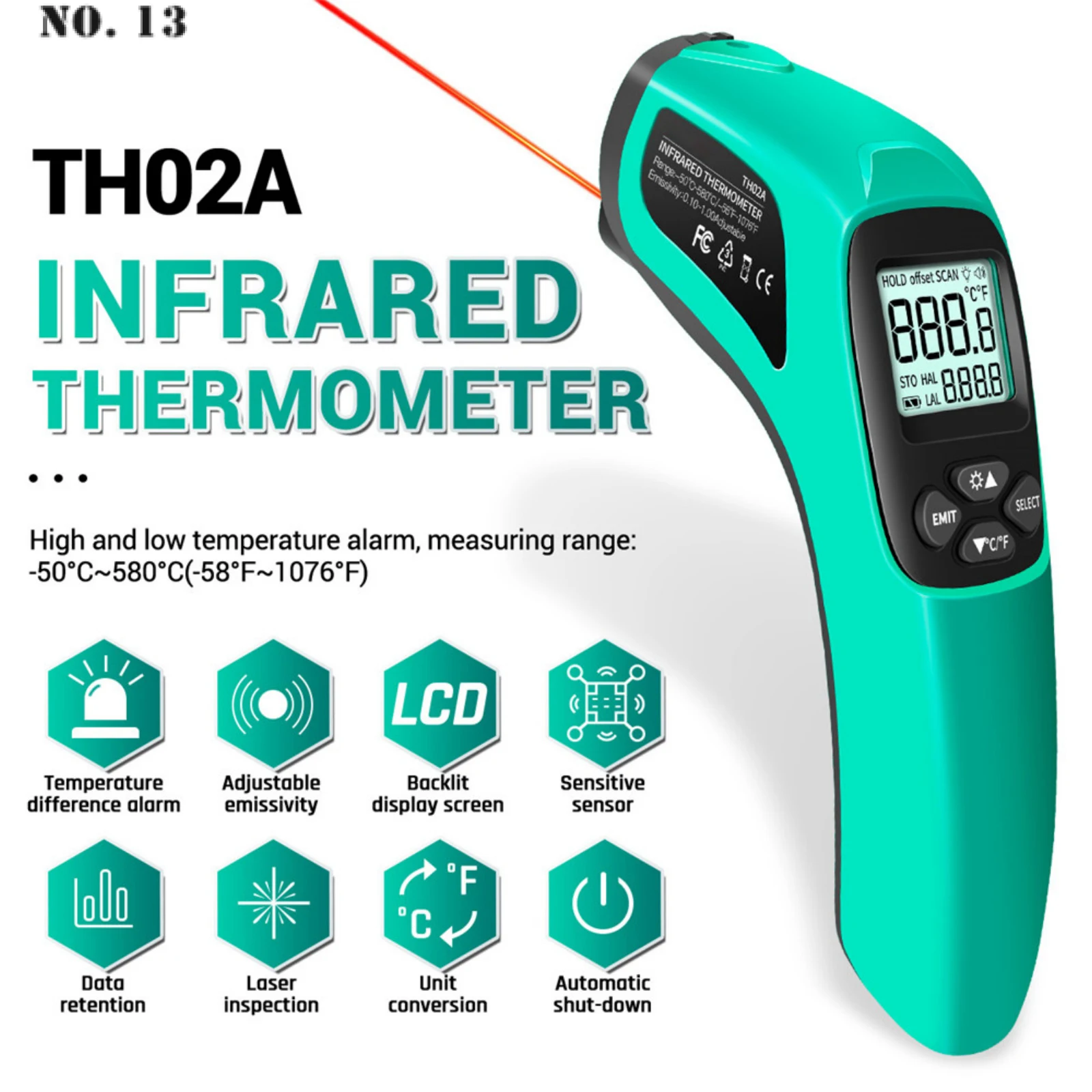 Цифровой инфракрасный термометр TH02A лазерный измеритель температуры-50 ~ 580C ЖК