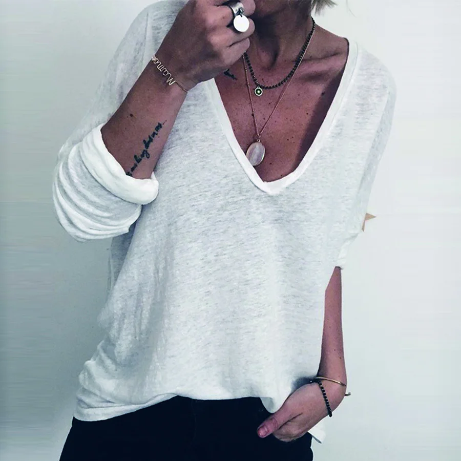 

Loose Casual Tops Women Simple V Neck Long Sleeve Autumn T Shirt Ladies Fashion Plus Size Slim Black White Top Female 2019