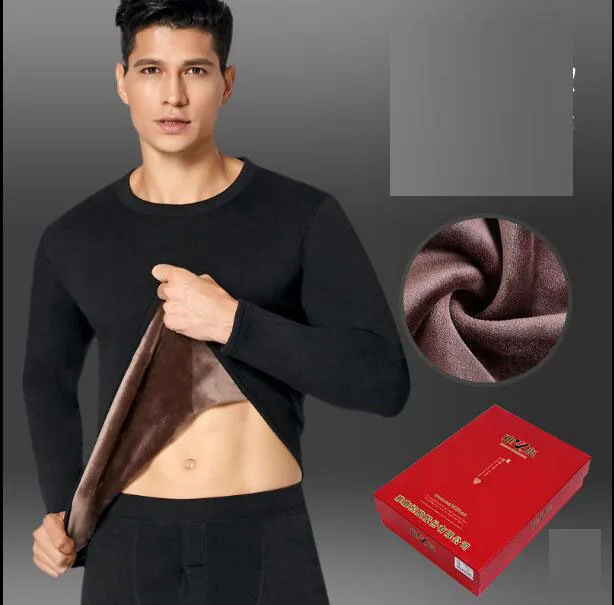 Эластичное хлопковое мужское термобелье, зимние водолазки, Мужская одежда, футболка, кальсоны с длинными рукавами - Цвет: Черный