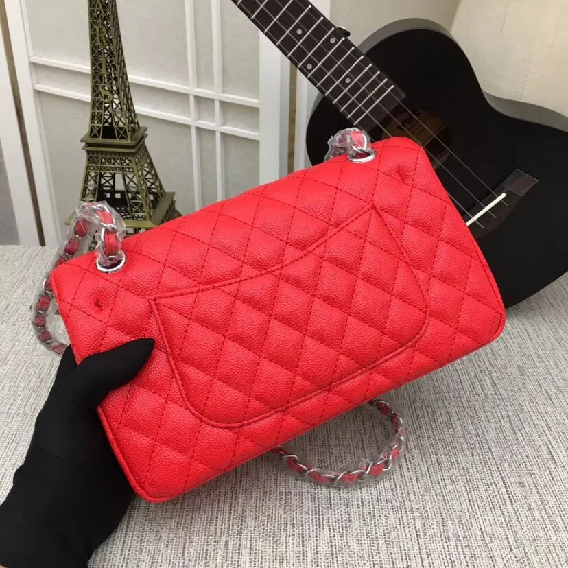 Роскошные сумки на плечо из натуральной кожи для женщин топ дизайнерская сумка Caviar Кошелек Дамская сумка через плечо стеганая квадратная сумка с клапаном - Цвет: Red silver chain