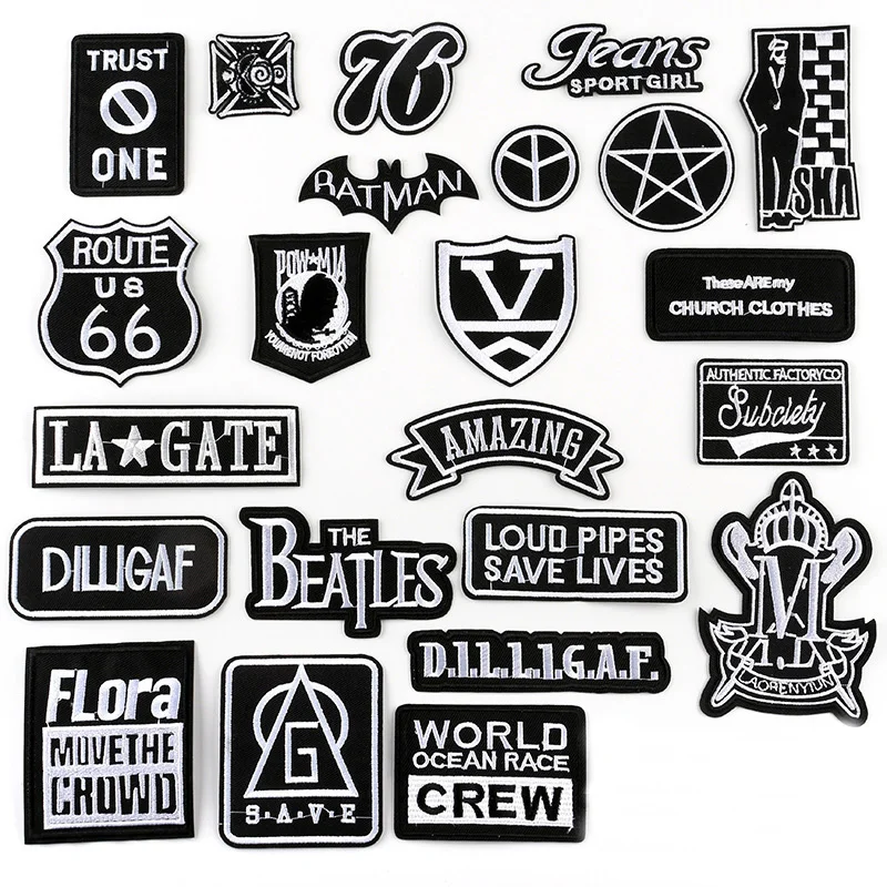 

Black and White English Letters Patches for Clothing Embroidered Appliques Iron on Badges Stripes Stickers on Clothes @G