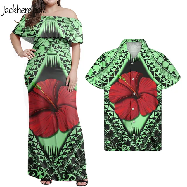 Jackherelook Womens Vintage Maxi Dresses Samoan Hibiscus Polynesian Tribal Brand Design Summer Unisex Clothes Off Shoulder Dress Brown