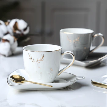 

Luxury Creative Cup Nordic Handmade Ceramic High Quality Saucer Spoon Set Gold Rim Utensil Cup Tazas Cafe Home Drinkware DB60BD