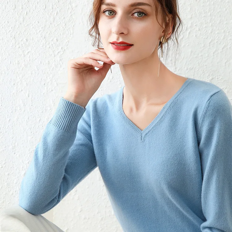 

Ladies Knitted Sweater Women Pullovers Basic V-neck Knit Elasticity Autumn Woman Sweaters Girl Soft Slim Fit Top Knitwear Female
