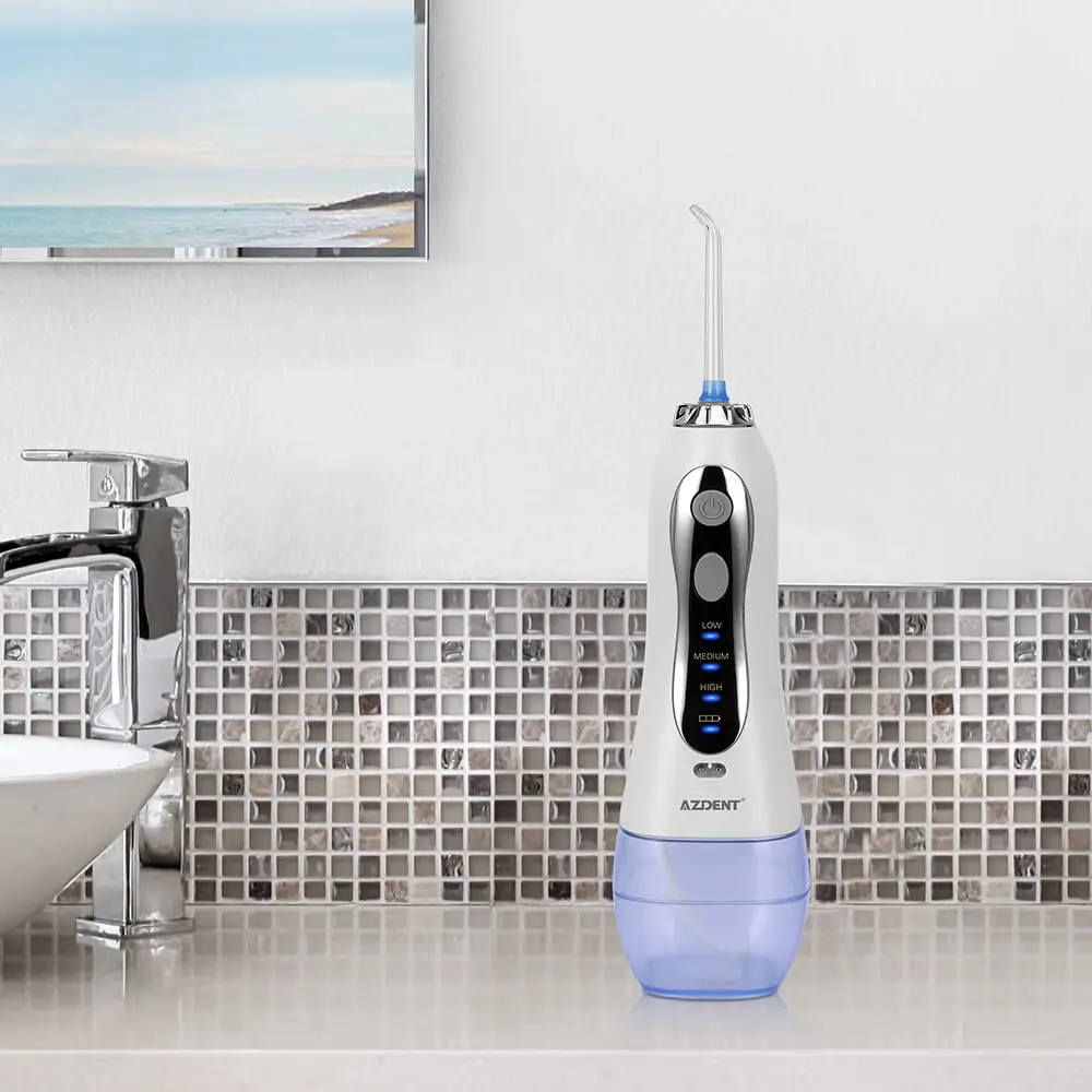 Cena AZDENT irygator doustny USB akumulator strumień wody pod ciśnieniem Flosser przenośny nić dentystyczna 300ML zbiornik na wodę wodoodporny środek do czyszczenia zębów 5 wskazówek