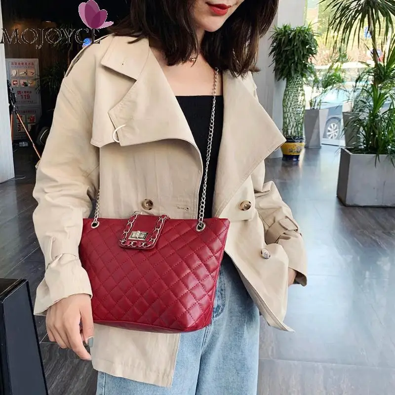 

Female Luxury Casual Solid Color PU Leather Handbags Women Large Capacity Shoulder Bags Ladies Big Lattice Simple Chain Totes