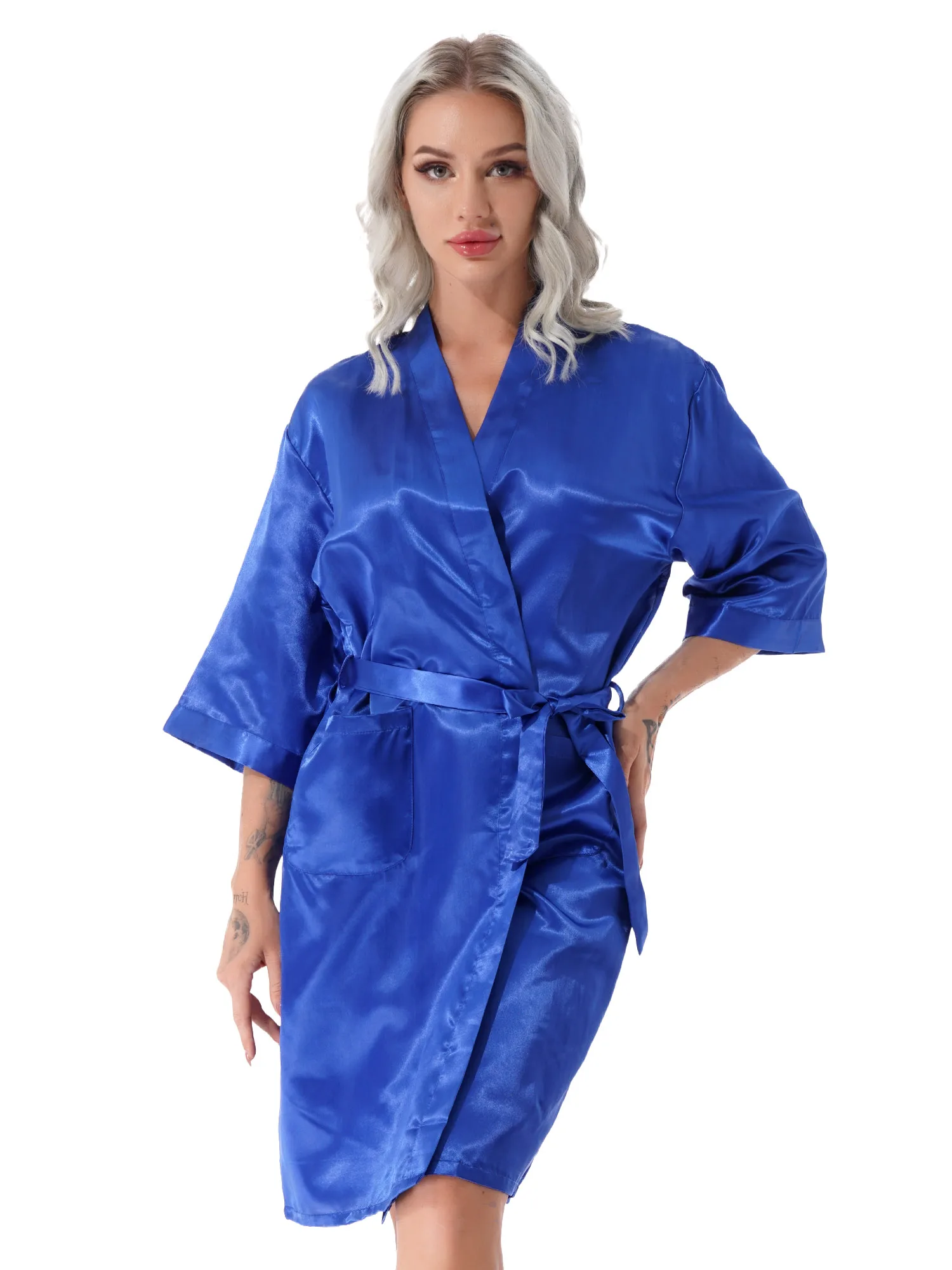 Women Silk Satin Short Night Robe Solid Kimono Robe Fashion Bath Robe Sexy Bathrobe Nightgown with Waist Belt
