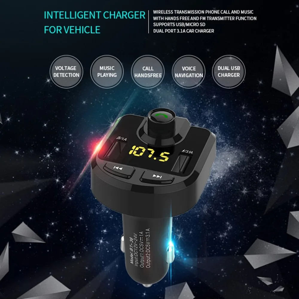 Fm-передатчик BT36 Bluetooth громкой связи автомобильный аудио-mp3-плеер 3.1A двойной USB зарядное устройство адаптер тестер напряжения вольтметр