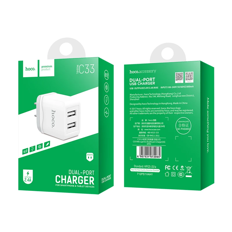HOCO C33 27 шт./лот 5 в 2.4A USB зарядное устройство для iPhone 11 Xs Max США вилка настенное зарядное устройство адаптер для samsung Xiaomi huawei