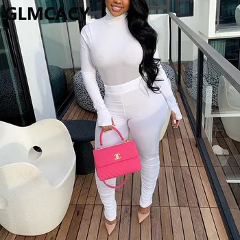 

Women Casual Two Peice Solid Suits Fall Winter Turtleneck Ribbed Shirt and Skinny Pants Set