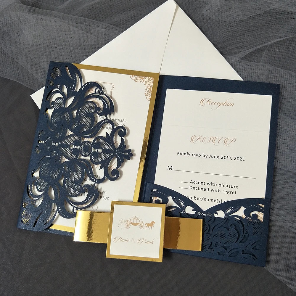 Navy Blue Square Wedding Invitations Card Laser Cut Floral Lace and Cream  Ribbon With Envelopes Blank or Printed Inserts 
