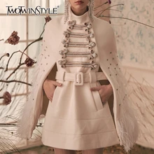 TWOTWINSTYLE Лоскутные перья бриллиантовые женские платья водолазка плащ рукав Высокая талия с поясом женское платье Мода