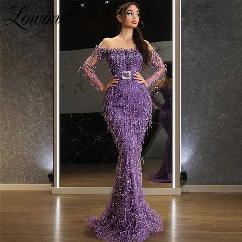 

Purple Mermaid Beaded Crystals Long Prom Dresses Women Boat Neck Evening Gowns 2021 Custom Made Feather Party Dress Robes