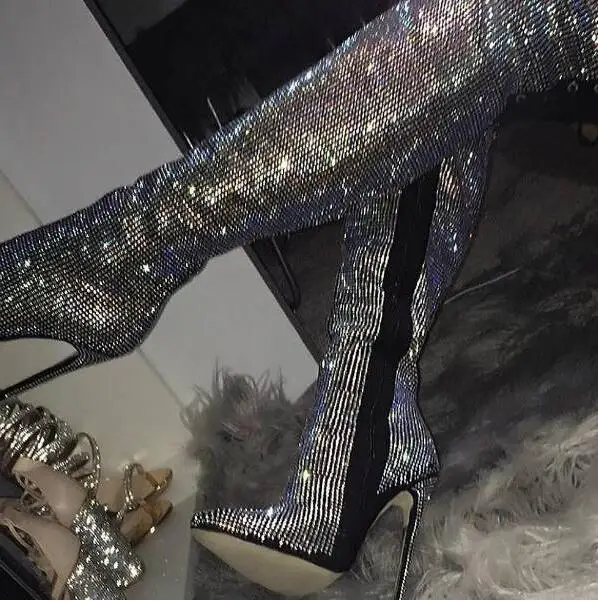 

Luxury Rhinestone Thigh High Boots Pointed Toe Side Zipper Women Over The Knee Boots Shoes Crystal Winter High Boots