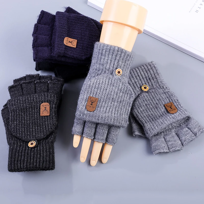 Unisex Wool Knitted Fingerless Flip Gloves Winter Warm Flexible Finger