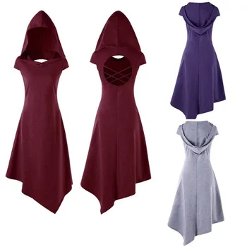 

New Women Vintage Asymmetrical Gothic Witch Costume Hooded Back Cross Cut Open Handkerchief Dress Medieval Gown Robe For Ladies