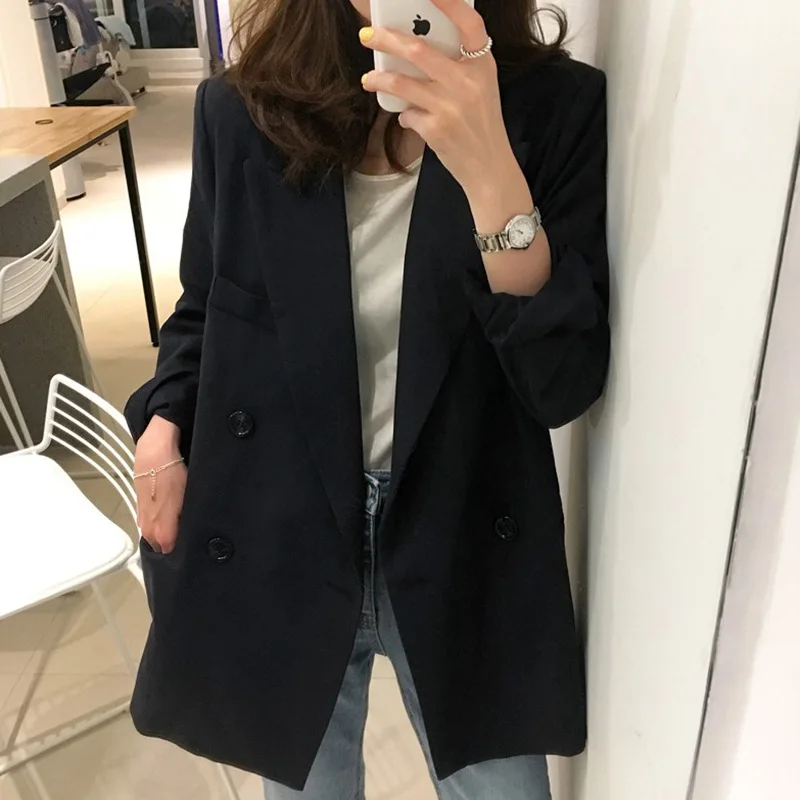 

2019 Spring And Autumn Korean-style CHIC Black And White with Pattern Small Suit Mid-length Business Loose-Fit Casual Suit Jacke