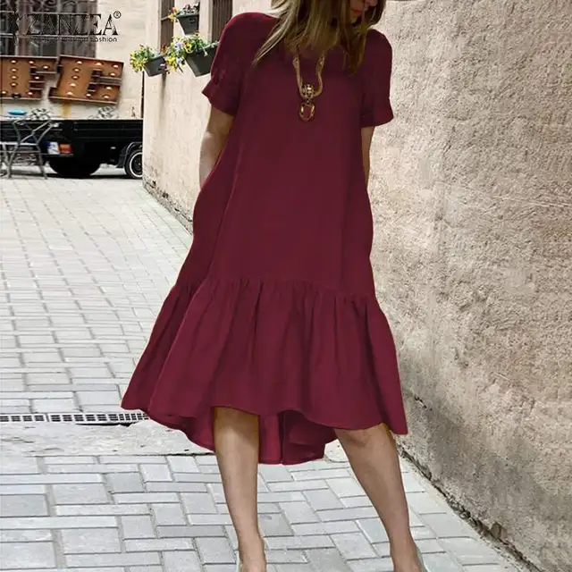 Women Dress Holiday Summer ZANZEA Short Sleeve Sundress Solid Casual Kaftan Ruffles Loose Vestidos Pockets O-Neck Robe Femme 3