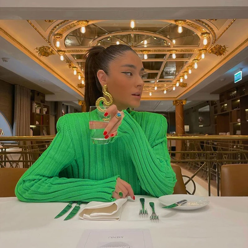 Fashion Ribbed Women's Turtleneck Sweater Green Long Sleeve Shrugs Knitwear Jumper Female Knitted Tops 2025 Autumn Winter