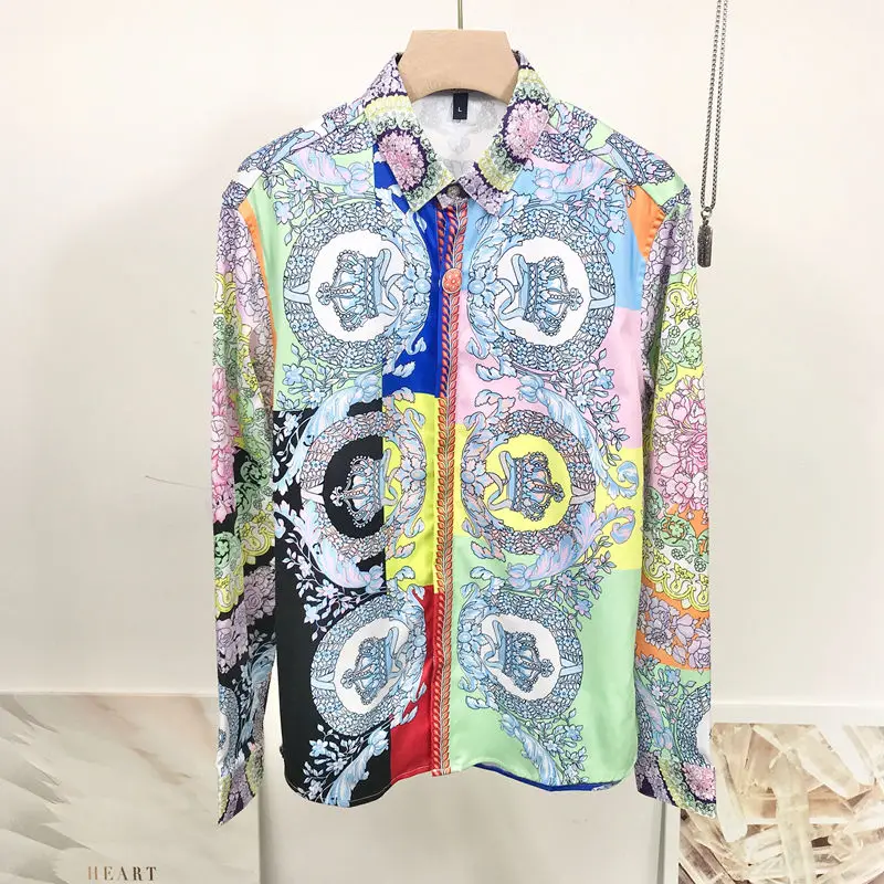 New Floral Shirt Men Colorful Royal Crown Print Wedding Shirt Man Long Sleeve Slim Fit Camisas Hombre For Party Prom Club Shirt New Floral Shirt Men Colorful Royal Crown Print Wedding Shirt Man Long Sleeve Slim Fit Camisas Hombre For Party Prom Club Shirt