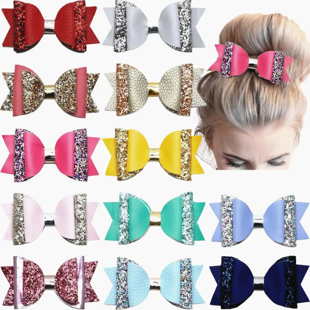 12PCS 4 Inches Glitter Leather Hair Bows Alligator Hair Clips Glitter