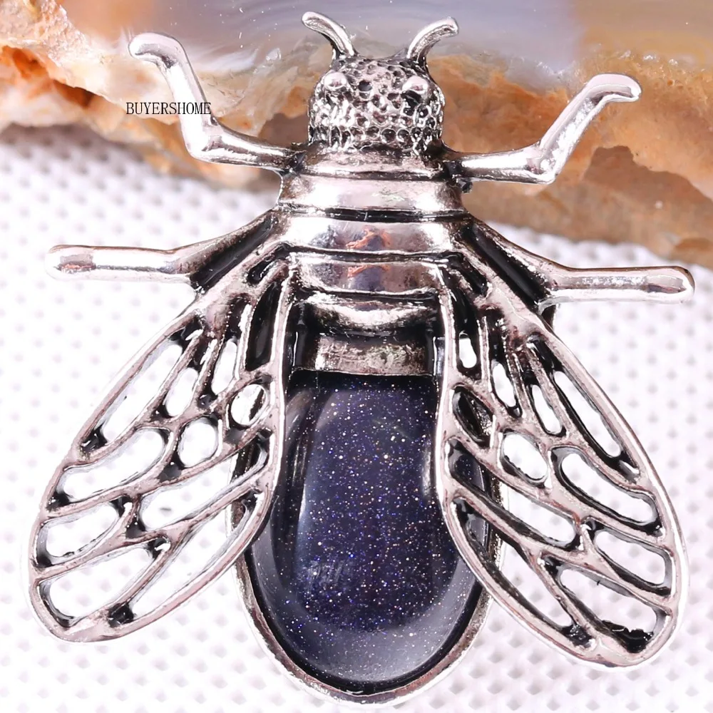 1Pcs Silver Cicada Brooch Natural Stone Pendant Howlite Rhodonite Carnelian Onyx Bead for Men Women DIY Jewelry Making