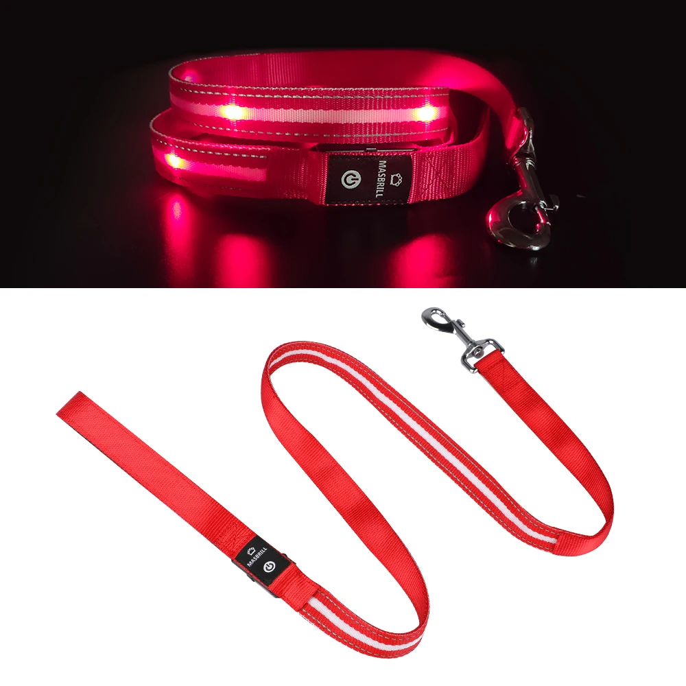 MASBRILL LED Dog Leash USB Rechargeable Flashing Light Water Resistant Lightweight Nylon Mesh Soft Padded Walking Training Dog Collars comfotable Dog Collars