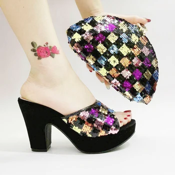 

Luxury Sequin African Women Pumps Party Shoes and Bag Set to Match Wedding High Heels Square Heel Shoes Matching Bag Set