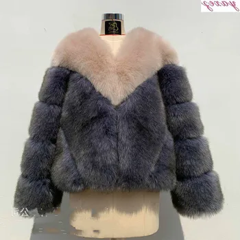 

Luxury Patchwork Contrast Color Fur Coat Women Winter Faux Fox Fur Jackets Street Fluffy Overcoat Thick Warm Fake Fur Jacket