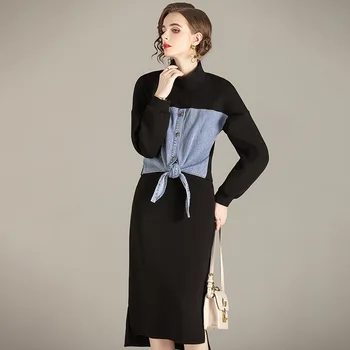 

Skirt Suits Women Autumn 2020 New Long Sleeve Fashion Denim Patchwork Top + Elastic Waist Irregular Skirt Two Piece Set Female