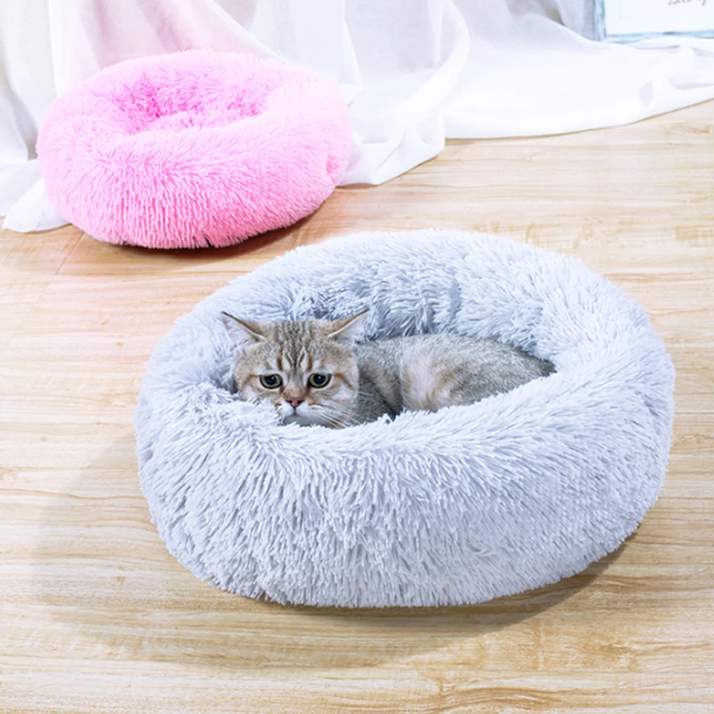 Круглый плюшевый домик для кошки, длинный плюшевый зимний теплый спальный лежак, коврик для маленьких собак, кошек, кровать для щенка, подушка, коврик Cama Perro