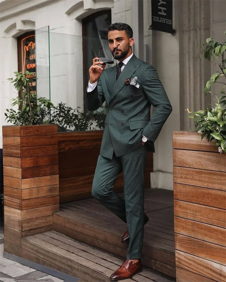 Gessato Vestito Elegante Uomo Verde Abito Uomo Doppiopetto Gessato
