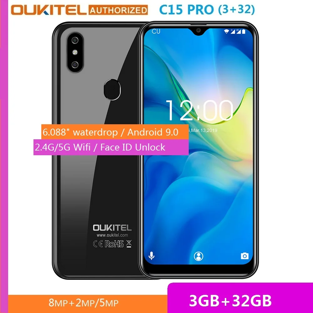  OUKITEL 3GB RAM 32GB ROM Smartphone C15 Pro 6.088'' Android 9.0 Pie MT6761 Waterdrop Fingerprint Fa