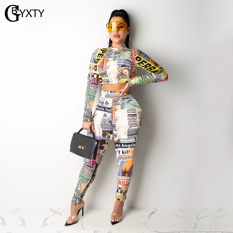 

GBYXTY Harajuku Newpaper Print Tracksuit Women Two Piece Set 2019 Long Sleeve Crop Top and Pants Outfits Sexy 2 Piece Set ZL444