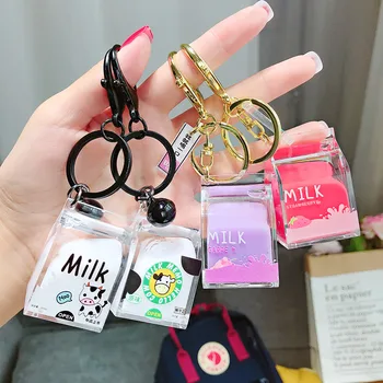 

Creative Dairy Cow Milk Drinks acrylic Keychain Cute Fruit Moving Liquid Keyrings decompression drift bottle Jewelry Kids Gifts