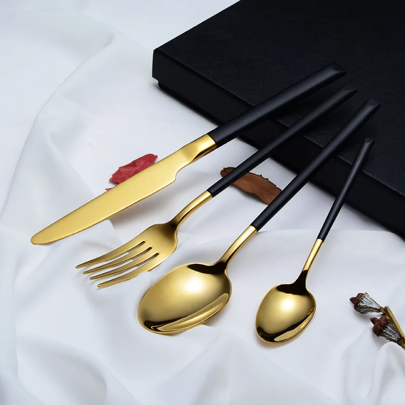 

304 Stainless Steel Thick Knife, Fork And Spoon Four-piece Set Gold Plated Titanium Black And White with Pattern Baking Varnish